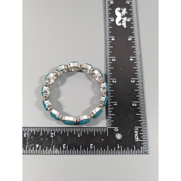 Beachy Coastal Blue Faux Drusy Acrylic Tennis Stretch Bracelet Silver Tone 6.5" - Picture 10 of 10